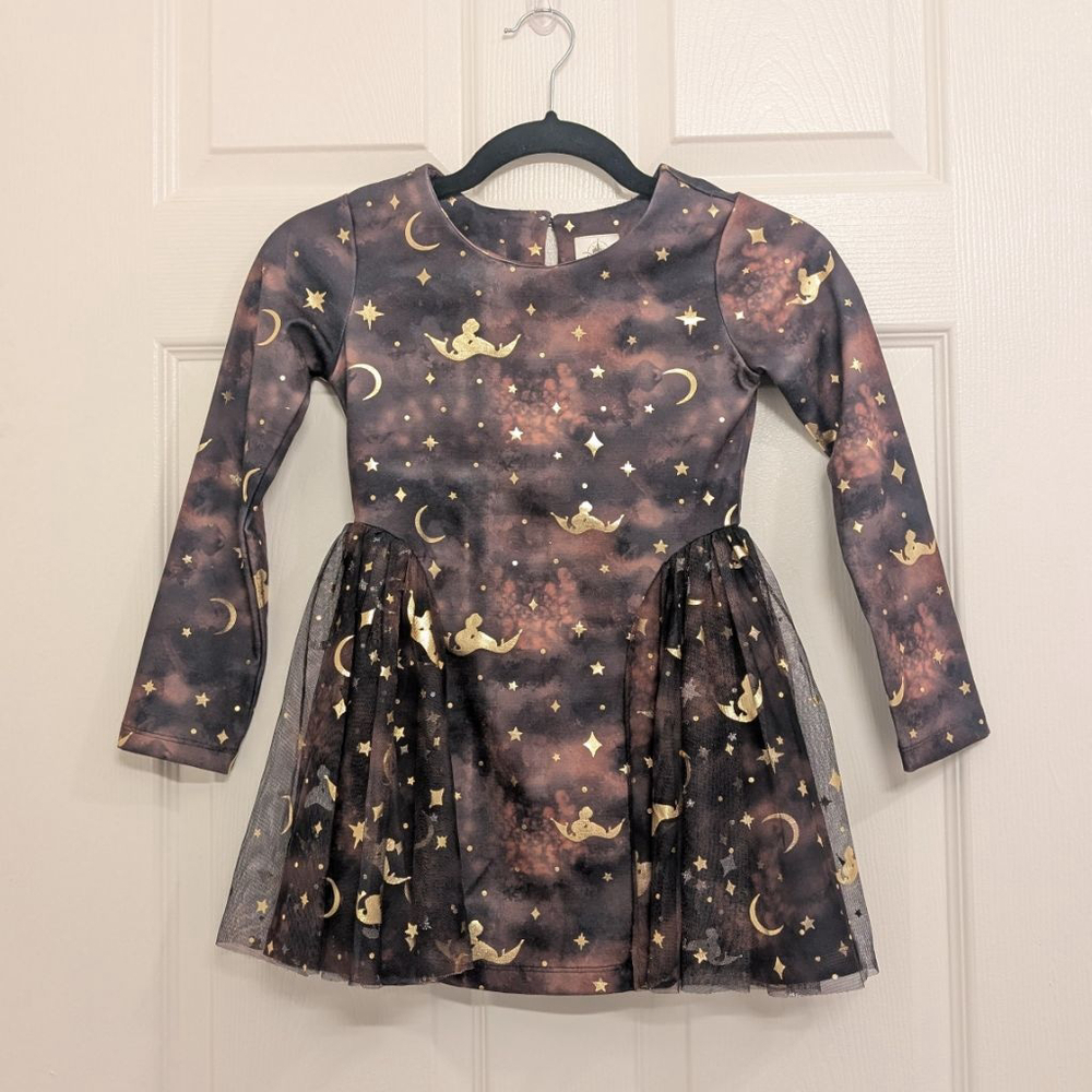 Girls Disney Aladdin Print Casual Dress 5/6 Black Brown Gold Tulle